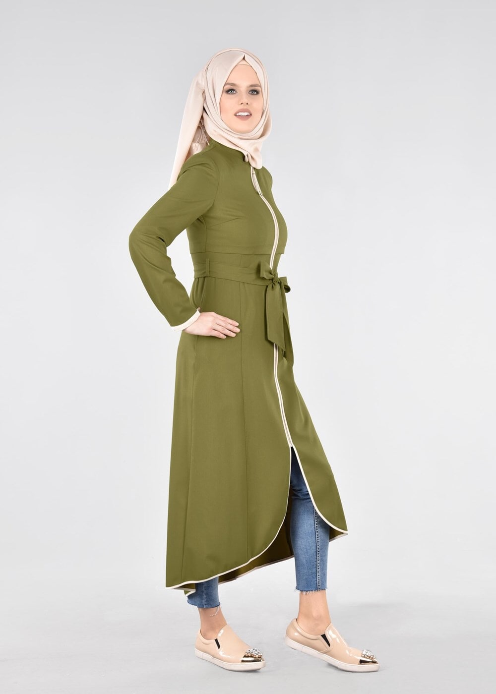Hijab clothing GREEN T 1721 Demre Tesettür Trench-Alv Fashion