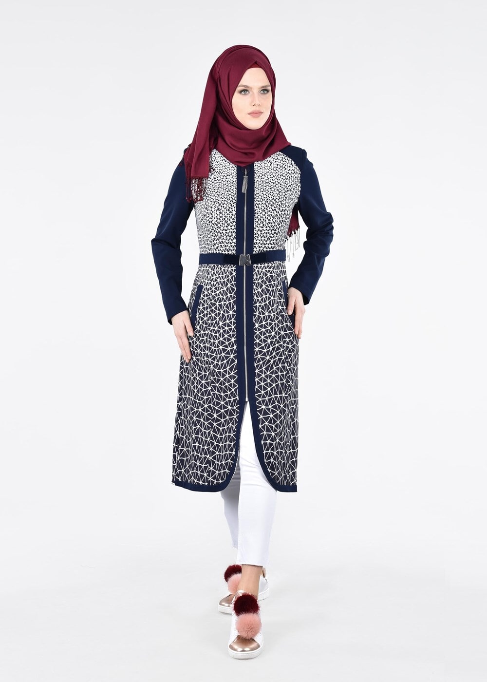Tesettür giyim LACİVERT T 1741 Meriva Tesettür Trench-Alv Fashion