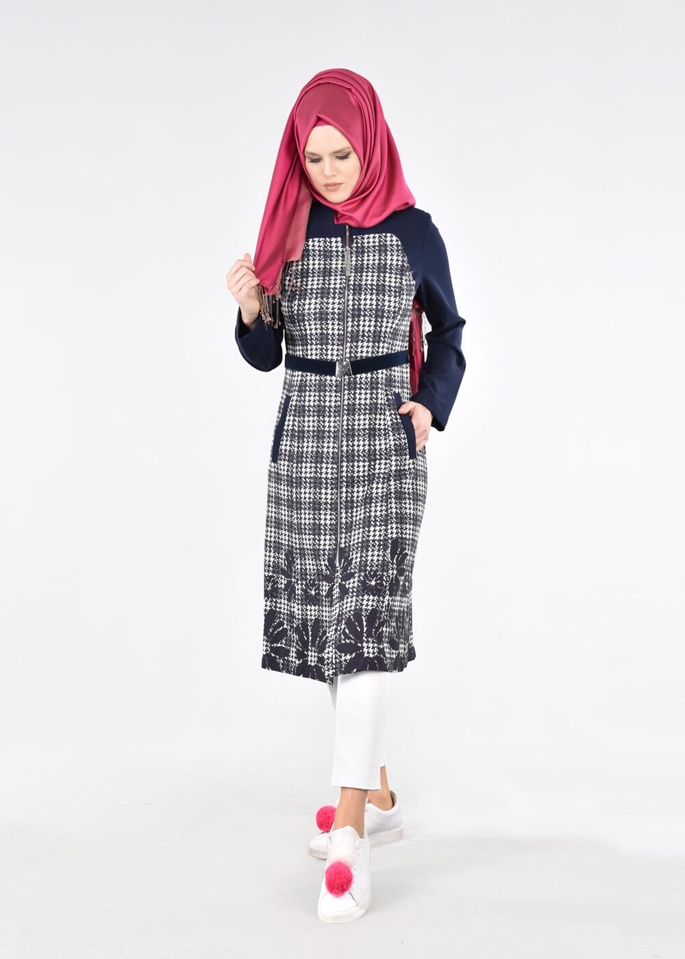 Vêtements hijab BLEU MARINE T 1742 Meriva Tesettür Trench-Alv Fashion