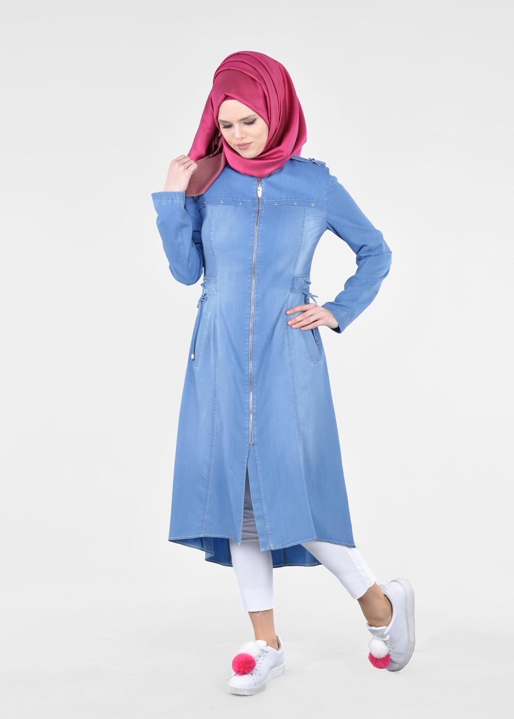 Tesettür giyim MAVİ T 1746 Maryel Flamlı Tesettür Trench-Alv Fashion