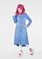 Tesettür giyim MAVİ T 1746 Maryel Flamlı Tesettür Trench-Alv Fashion