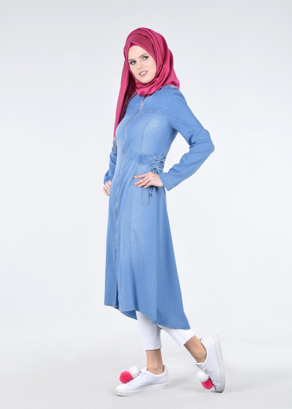 Tesettür giyim MAVİ T 1746 Maryel Flamlı Tesettür Trench-Alv Fashion