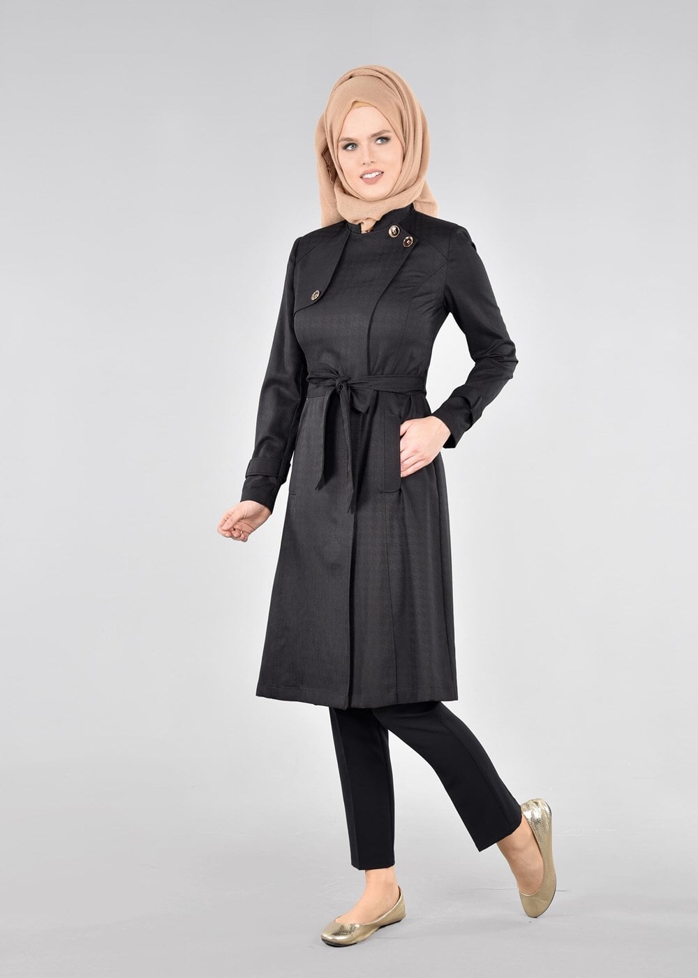 Tesettür giyim SİYAH T 1771 Beril Tesettür Trench-Alv Fashion