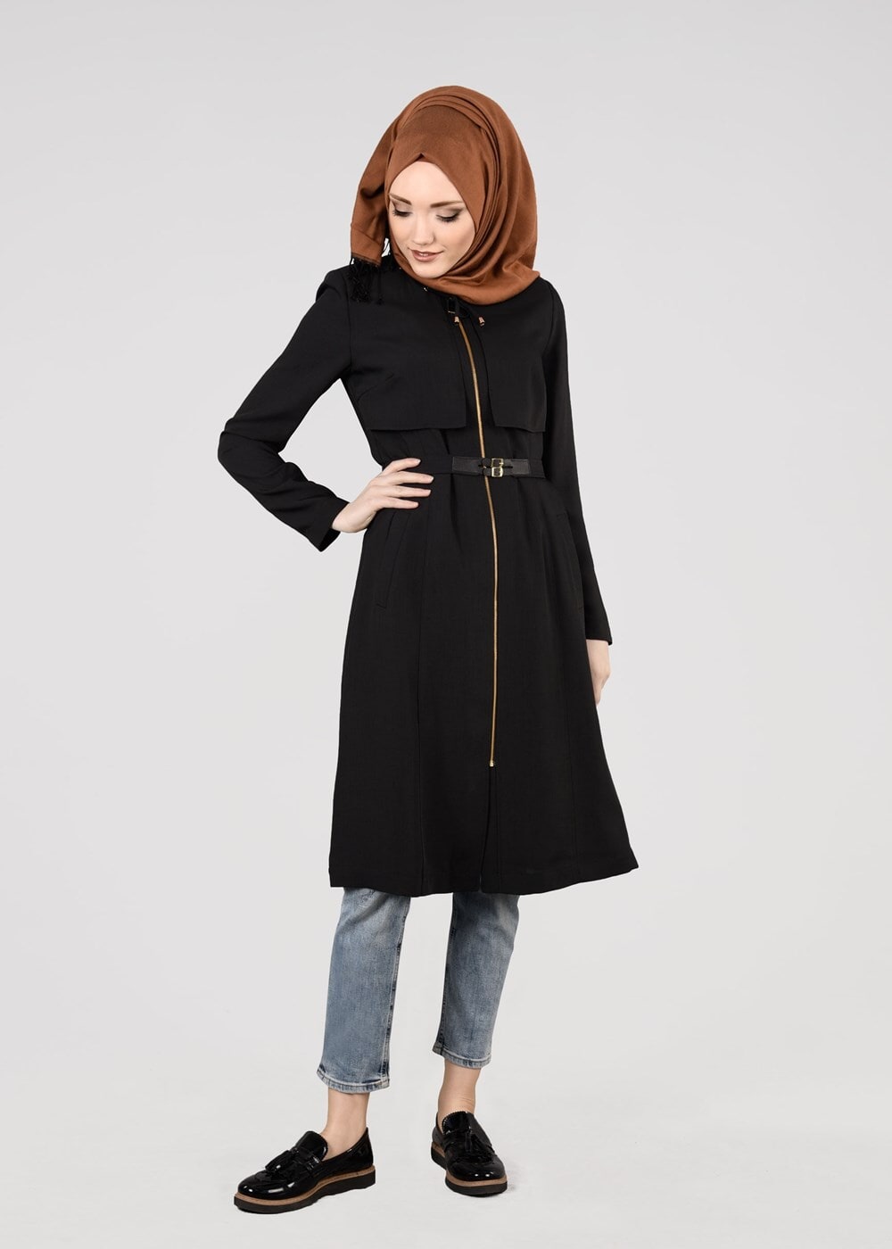 Tesettür giyim SİYAH T 1785 Yoga Tesettür Trench-Alvina