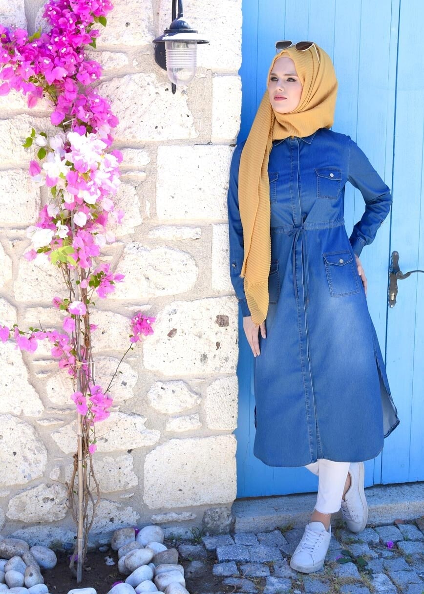 Tesettür giyim MAVİ T 1796 Benin Tesettür Trench-Alv Fashion