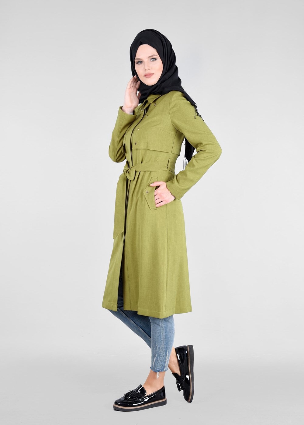 Tesettür giyim YEŞİL T 1803 Stil Tesettür Trench-Alv Fashion