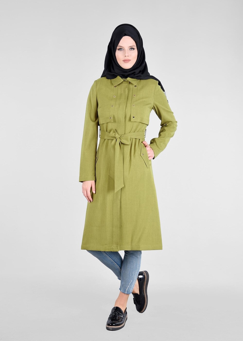 Tesettür giyim YEŞİL T 1803 Stil Tesettür Trench-Alv Fashion