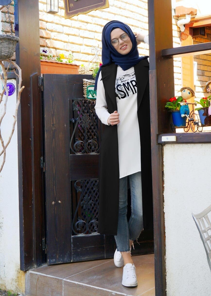 Tesettür giyim SİYAH T 4315 Asmiray-2&prime;li Yelekli Takım