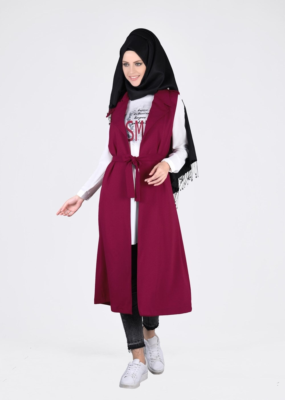 Tesettür giyim BORDO T 4315 Asmiray-2&prime;li Yelekli Takım
