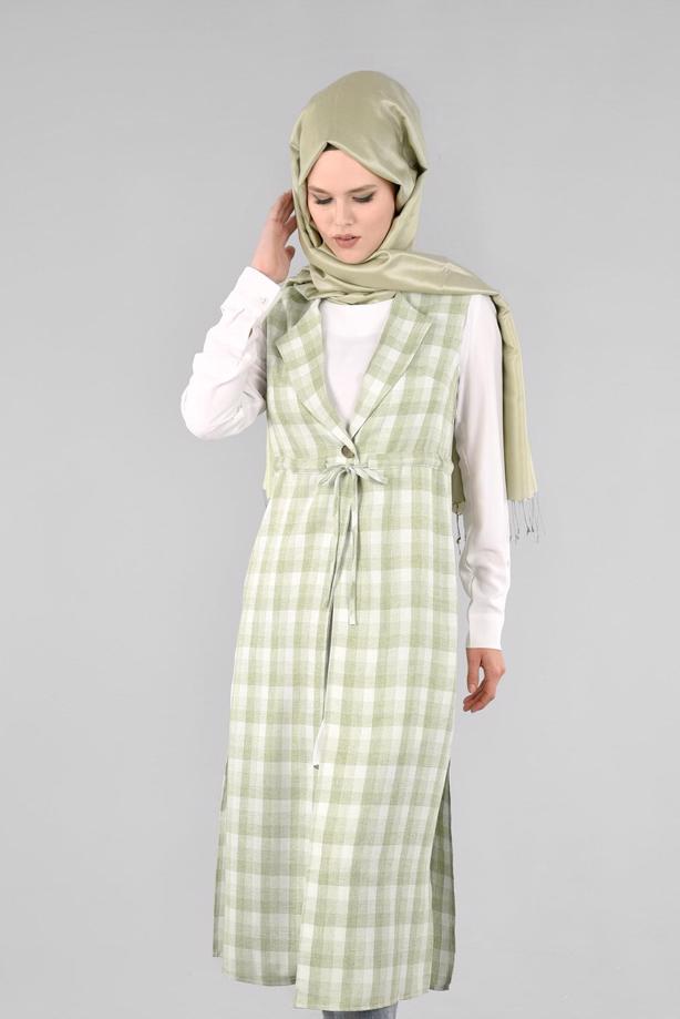 Tesettür giyim YEŞİL T 4801 Verona Ekose Tesettür Yelek-Alv Fashion - TRENDTESETTÜR