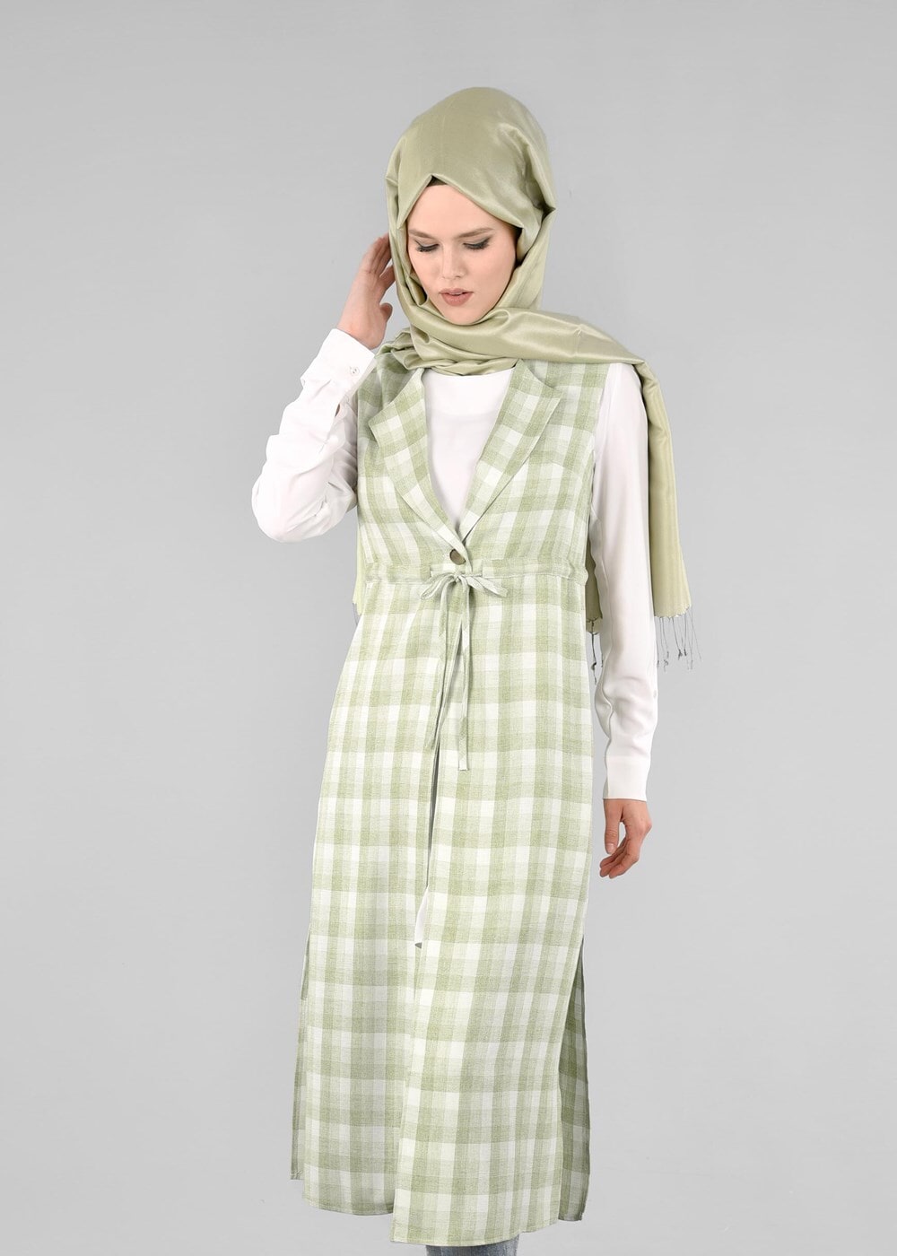 Vêtements hijab VERT T 4801 Verona Ekose Tesettür Yelek-Alv Fashion