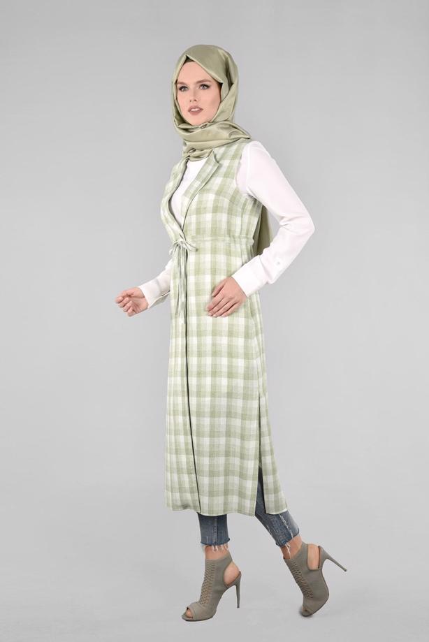 Tesettür giyim YEŞİL T 4801 Verona Ekose Tesettür Yelek-Alv Fashion - TRENDTESETTÜR