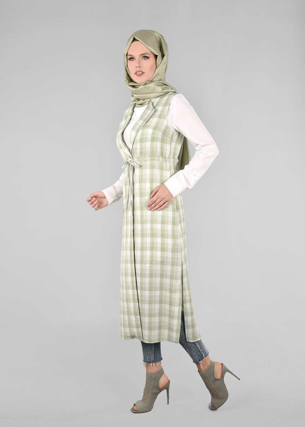 Vêtements hijab VERT T 4801 Verona Ekose Tesettür Yelek-Alv Fashion