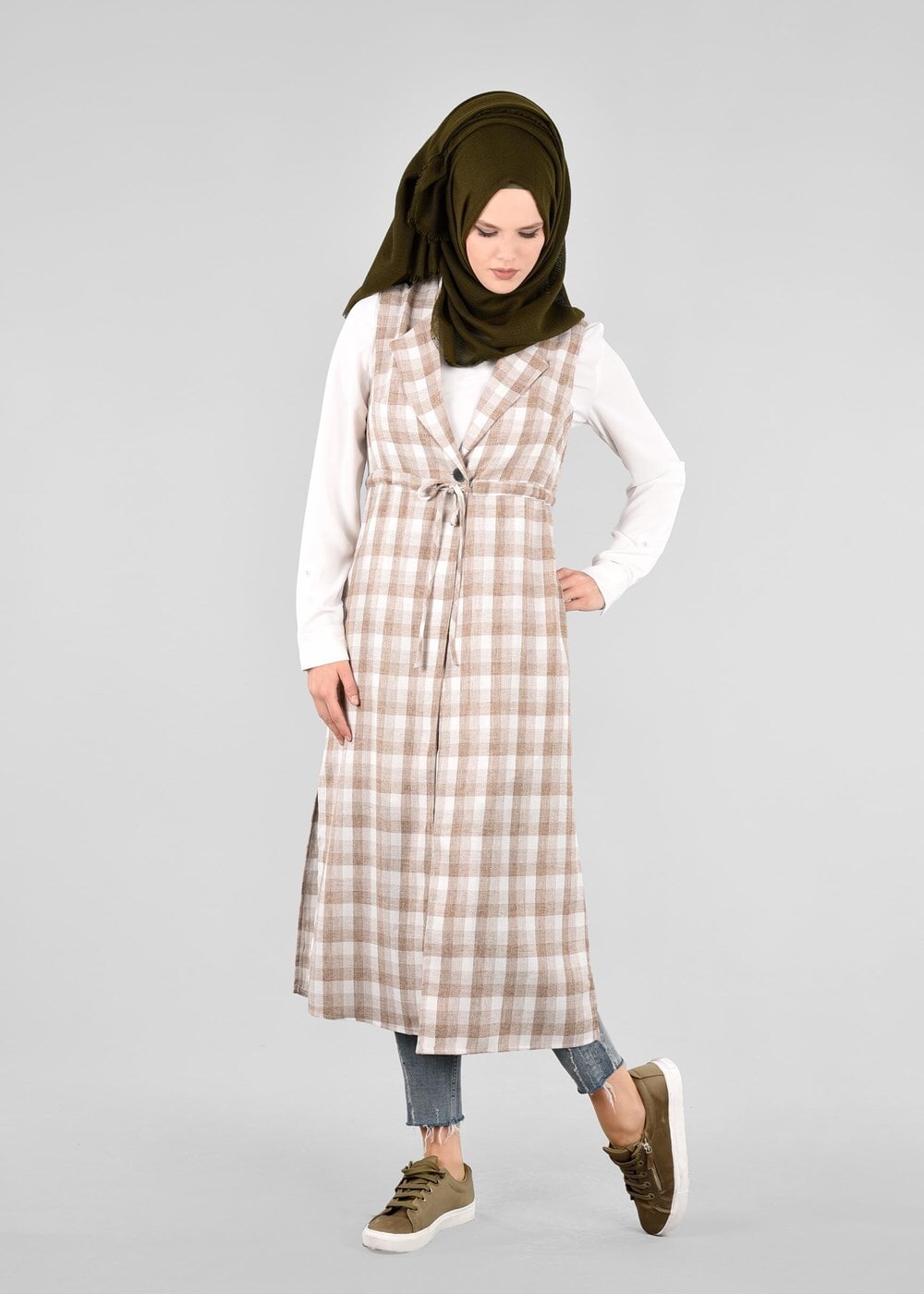 Tesettür giyim KAHVE T 4801 Verona Ekose Tesettür Yelek-Alv Fashion