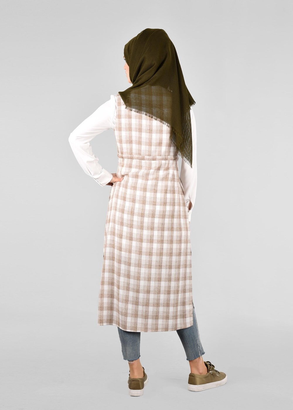 Tesettür giyim KAHVE T 4801 Verona Ekose Tesettür Yelek-Alv Fashion