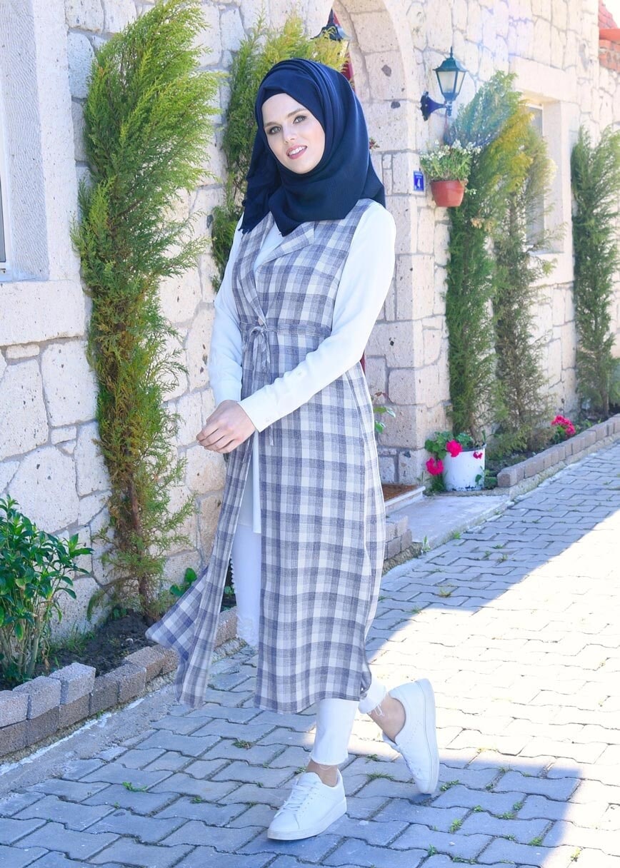 Tesettür giyim LACİVERT T 4801 Verona Ekose Tesettür Yelek-Alv Fashion