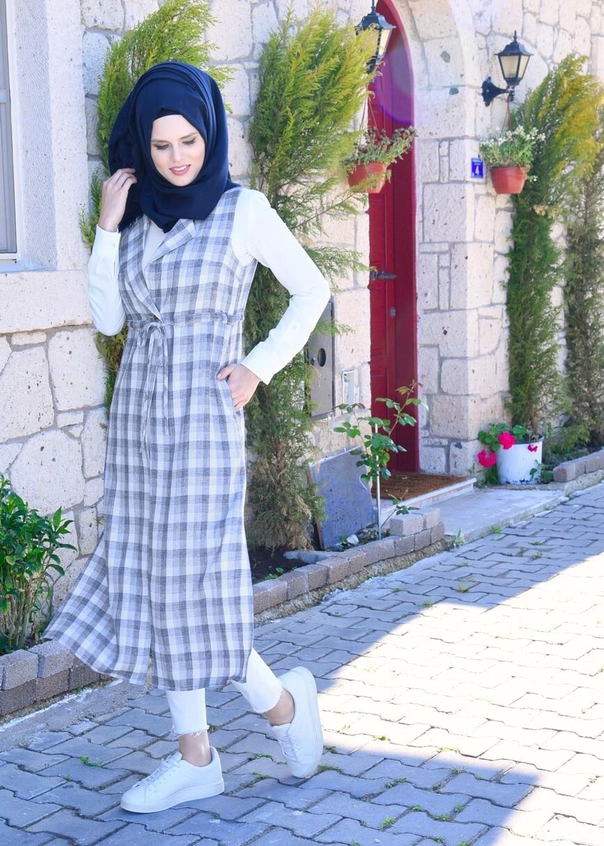 Tesettür giyim LACİVERT T 4801 Verona Ekose Tesettür Yelek-Alv Fashion