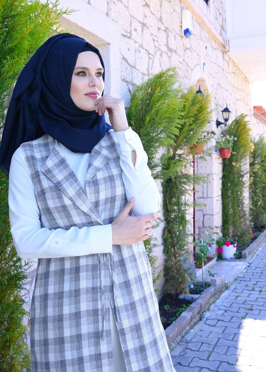 Tesettür giyim LACİVERT T 4801 Verona Ekose Tesettür Yelek-Alv Fashion