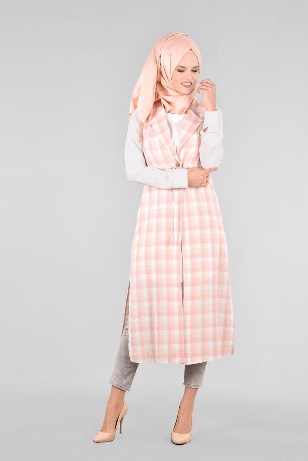 Tesettür giyim PUDRA T 4801 Verona Ekose Tesettür Yelek-Alv Fashion - TRENDTESETTÜR