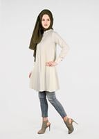 Tesettür giyim EKRU T 4870 Mısra-Hakim Yaka Düğmeli Kloş Tunik