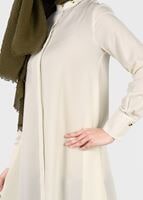 Tesettür giyim EKRU T 4870 Mısra-Hakim Yaka Düğmeli Kloş Tunik