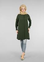 Tesettür giyim HAKİ T 4870 Mısra-Hakim Yaka Düğmeli Kloş Tunik