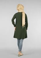 Tesettür giyim HAKİ T 4870 Mısra-Hakim Yaka Düğmeli Kloş Tunik