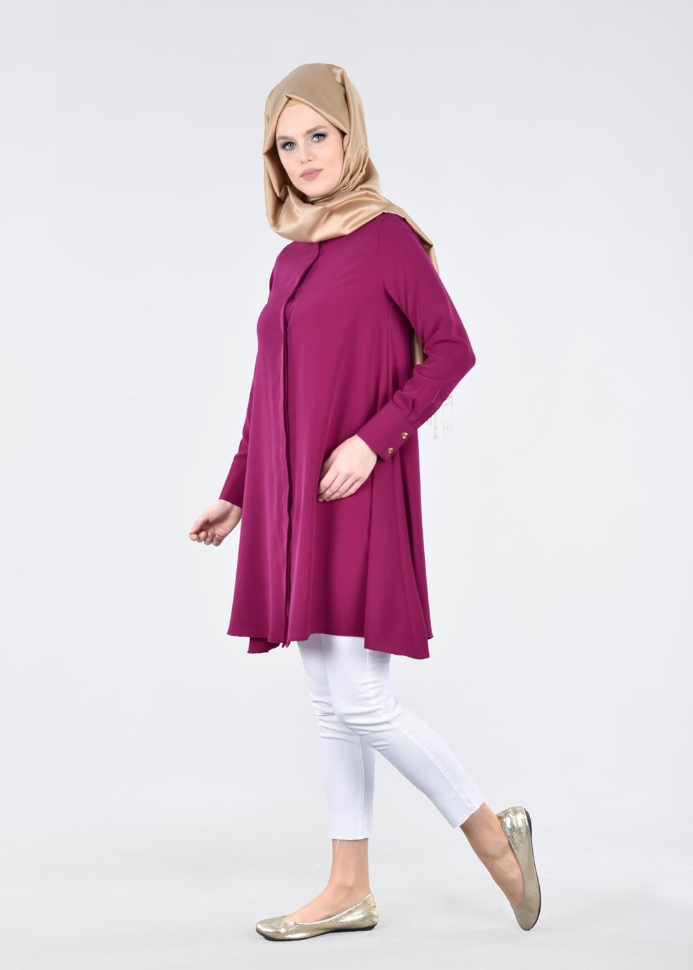 Tesettür giyim MOR T 4870 Mısra-Hakim Yaka Düğmeli Kloş Tunik