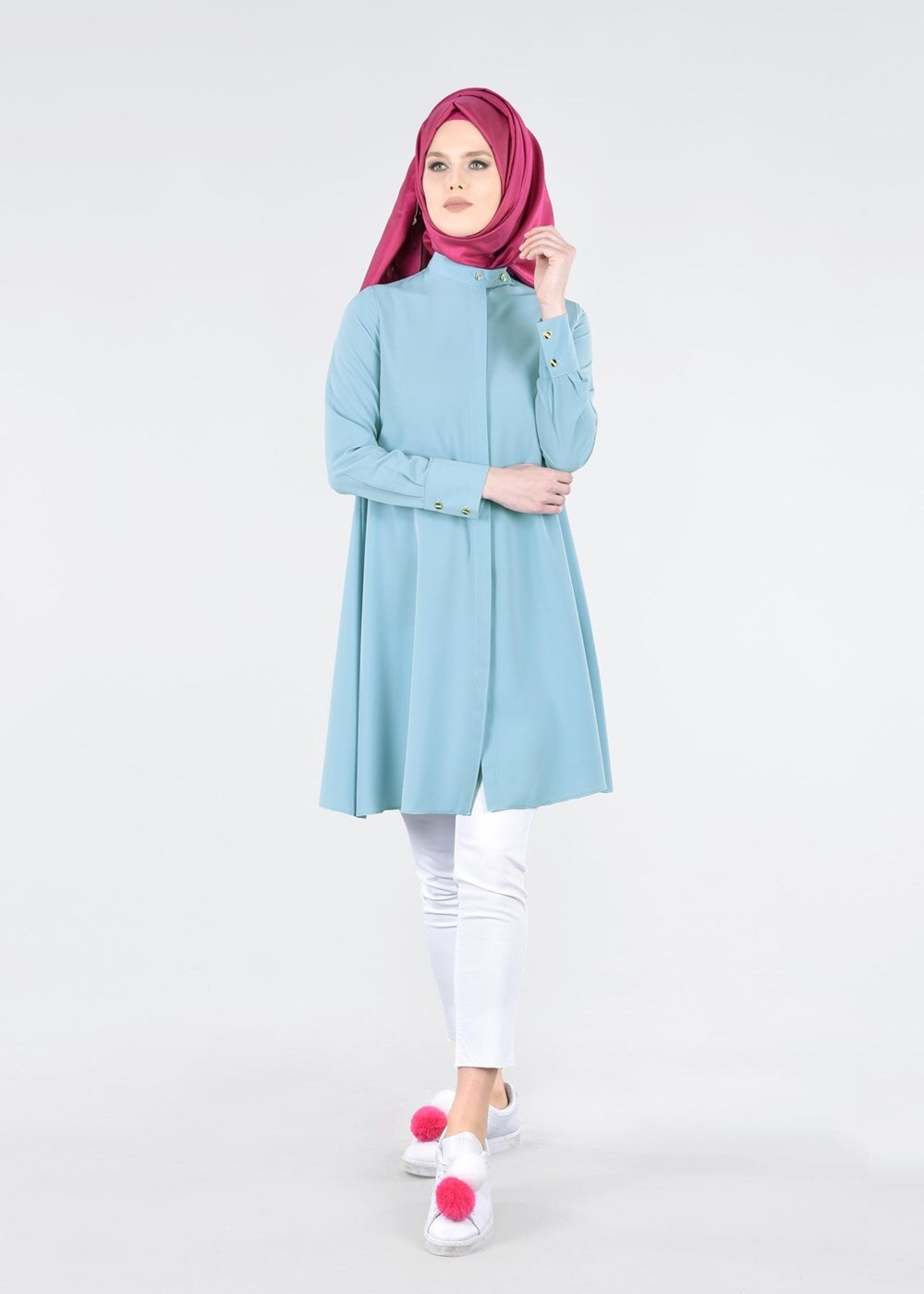 Tesettür giyim MAVİ T 4870 Mısra-Hakim Yaka Düğmeli Kloş Tunik