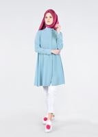 Tesettür giyim MAVİ T 4870 Mısra-Hakim Yaka Düğmeli Kloş Tunik