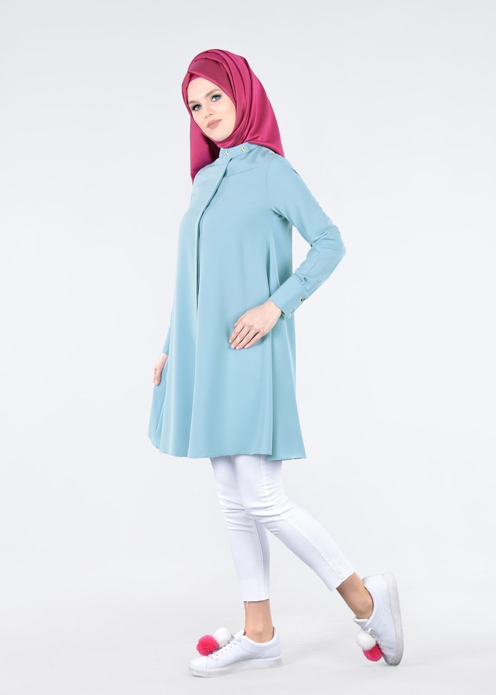 Tesettür giyim MAVİ T 4870 Mısra-Hakim Yaka Düğmeli Kloş Tunik