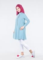 Tesettür giyim MAVİ T 4870 Mısra-Hakim Yaka Düğmeli Kloş Tunik