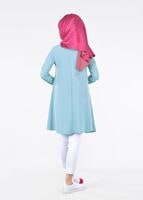 Tesettür giyim MAVİ T 4870 Mısra-Hakim Yaka Düğmeli Kloş Tunik