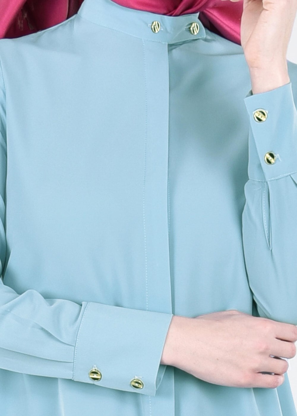 Tesettür giyim MAVİ T 4870 Mısra-Hakim Yaka Düğmeli Kloş Tunik