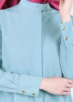 Tesettür giyim MAVİ T 4870 Mısra-Hakim Yaka Düğmeli Kloş Tunik