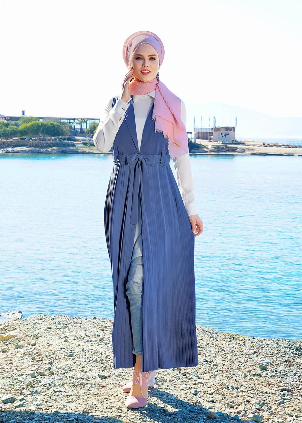 Tesettür giyim LACİVERT T 8238 Mısra-Şal Yaka Yelek