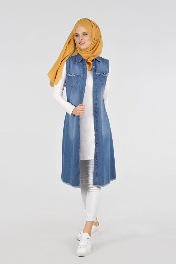 Tesettür giyim  T 9516 Önden Düğmeli Kot Yelek-Magazin - TRENDTESETTÜR