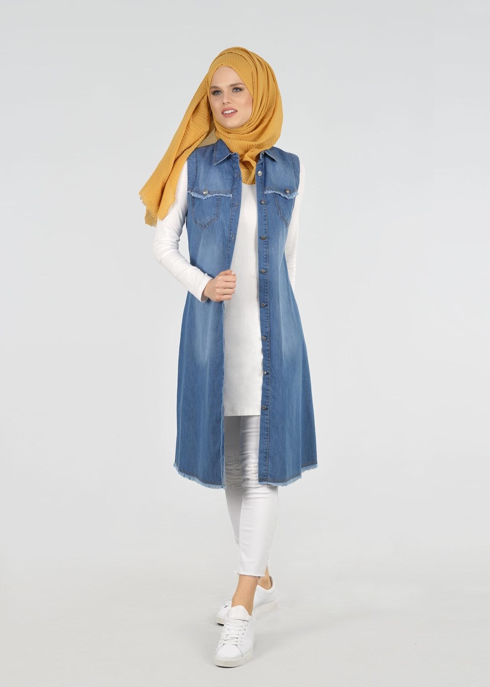 Tesettür giyim LACİVERT T 9516 Önden Düğmeli Kot Yelek-Magazin