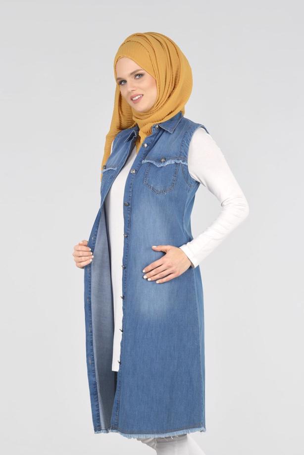 Tesettür giyim  T 9516 Önden Düğmeli Kot Yelek-Magazin - TRENDTESETTÜR