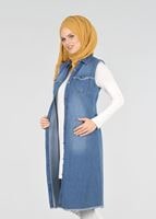 Tesettür giyim LACİVERT T 9516 Önden Düğmeli Kot Yelek-Magazin