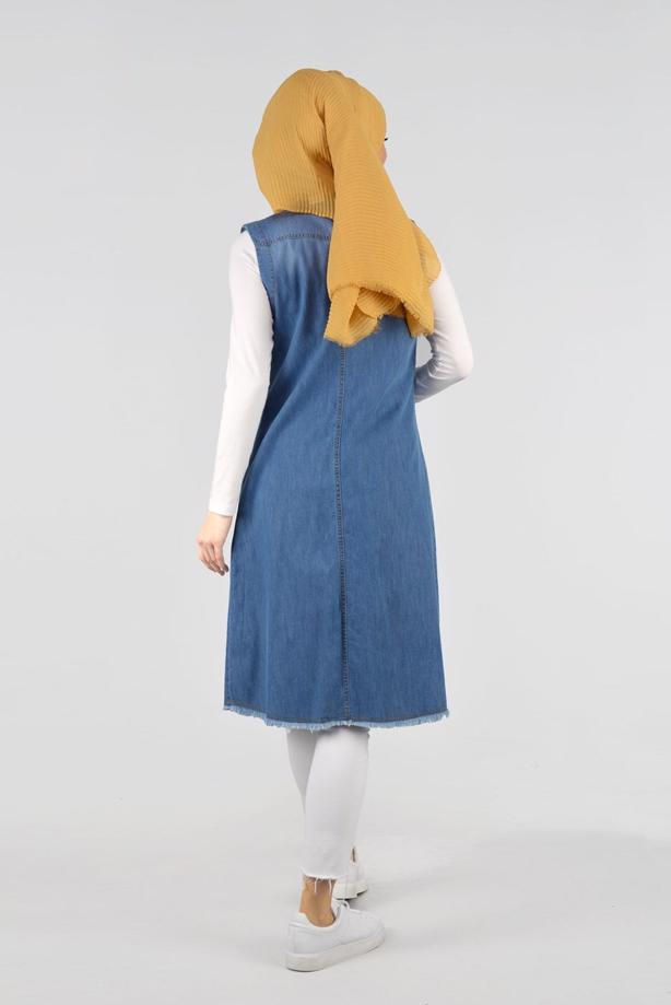 Tesettür giyim  T 9516 Önden Düğmeli Kot Yelek-Magazin - TRENDTESETTÜR