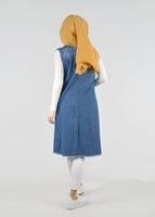 Tesettür giyim LACİVERT T 9516 Önden Düğmeli Kot Yelek-Magazin