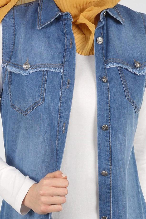 Tesettür giyim  T 9516 Önden Düğmeli Kot Yelek-Magazin - TRENDTESETTÜR