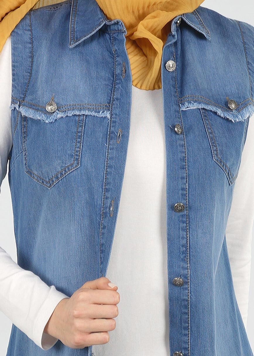 Tesettür giyim LACİVERT T 9516 Önden Düğmeli Kot Yelek-Magazin