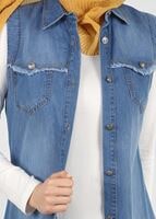 Tesettür giyim LACİVERT T 9516 Önden Düğmeli Kot Yelek-Magazin