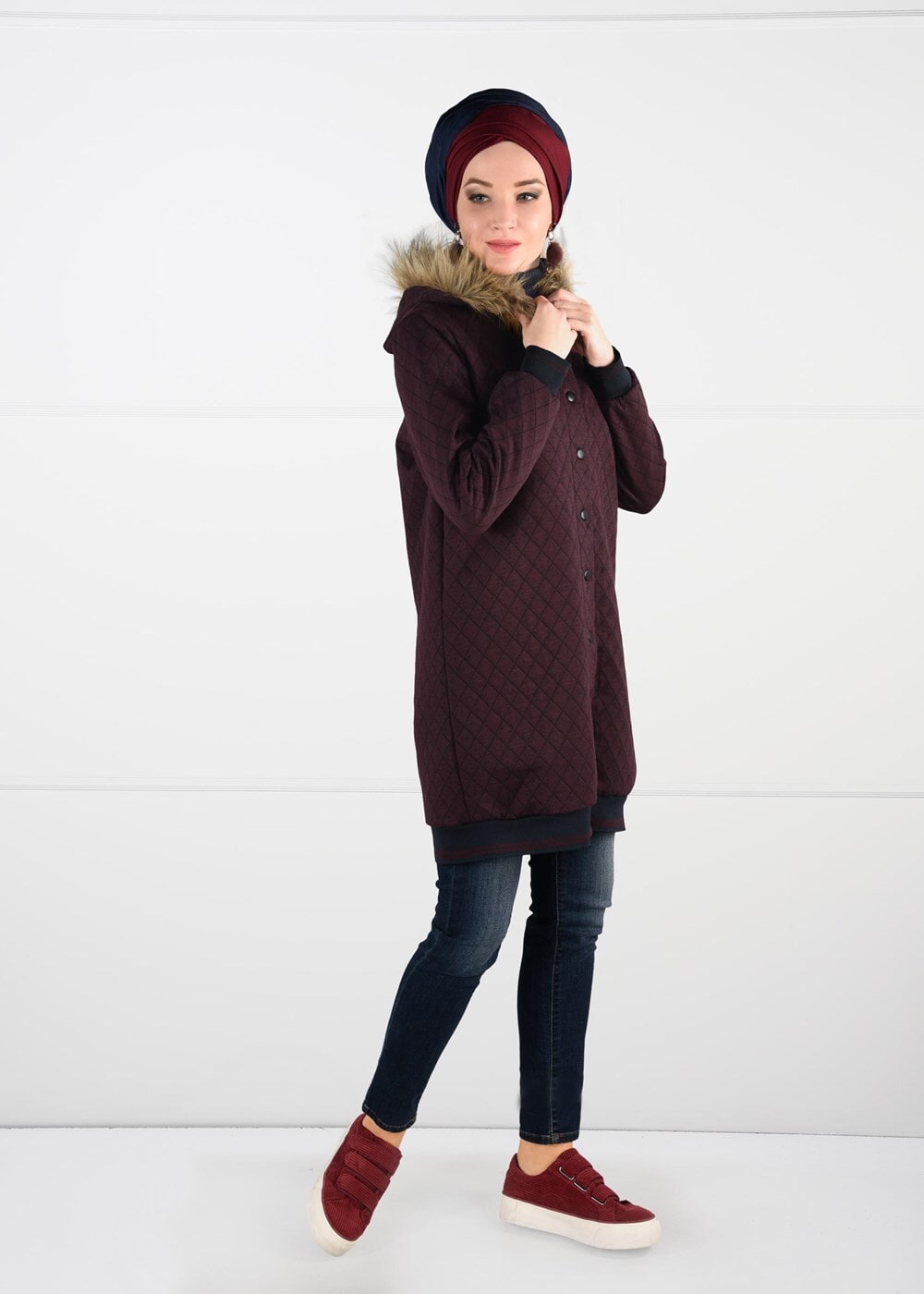 Tesettür giyim BORDO KÜRKLÜ KAPÜŞONLU CEKET 09341