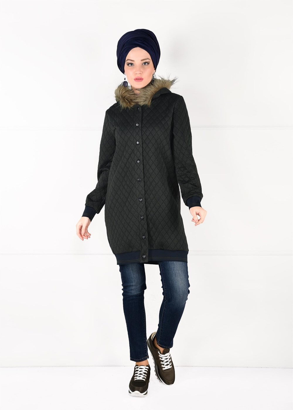 Tesettür giyim HAKİ KÜRKLÜ KAPÜŞONLU CEKET 09341