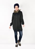 Tesettür giyim HAKİ KÜRKLÜ KAPÜŞONLU CEKET 09341