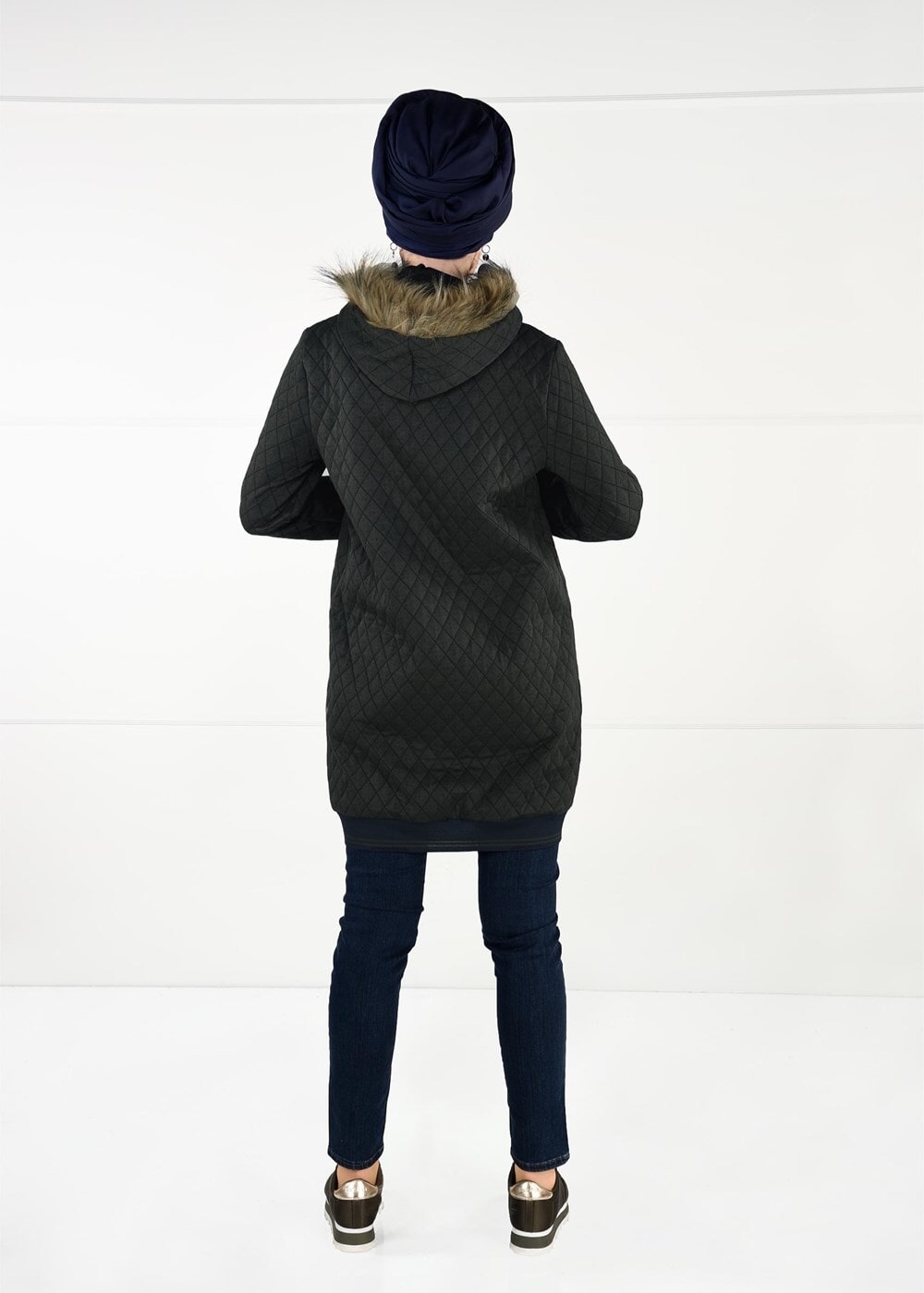 Tesettür giyim HAKİ KÜRKLÜ KAPÜŞONLU CEKET 09341