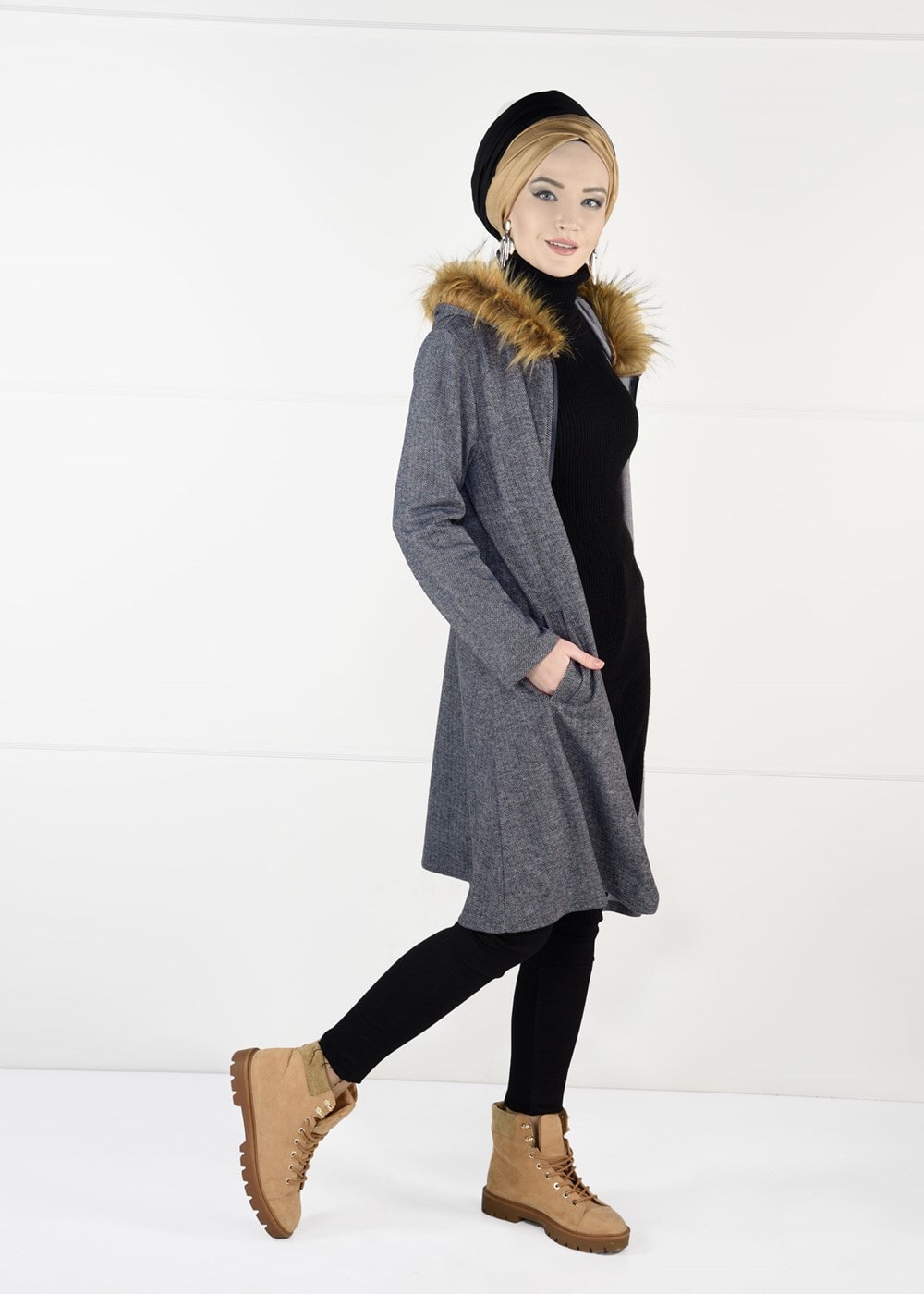 Tesettür giyim GRİ BALIKSIRTI DESENLİ CEKET 59451